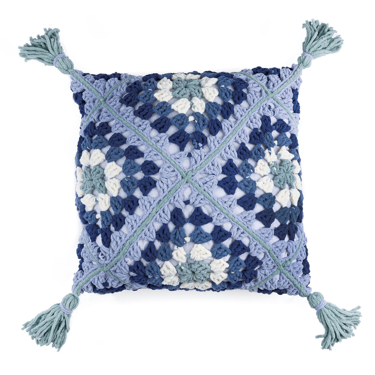 Granny’s diamonds crochet pillow made using Bernat All in One Blanket Granny yarns.