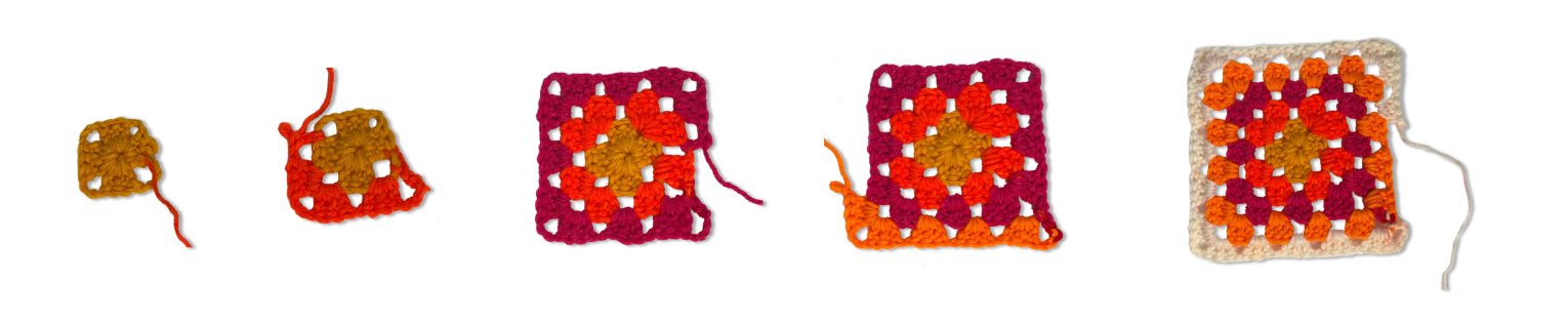 Red Heart Granny Square images from step 1 to finishing